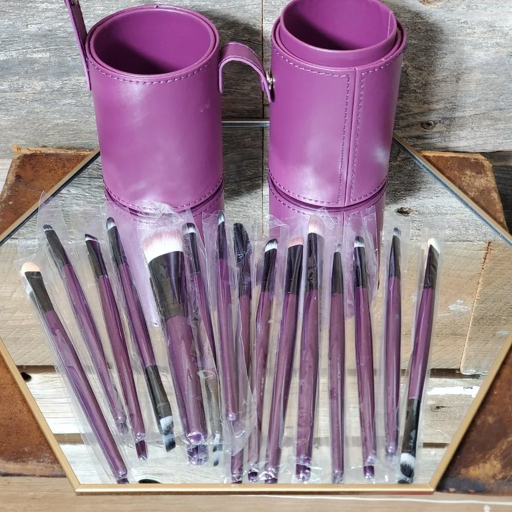 Makeup Brushes - Set of 20 - Purple Handles - 6 long - with Leather Travel Case